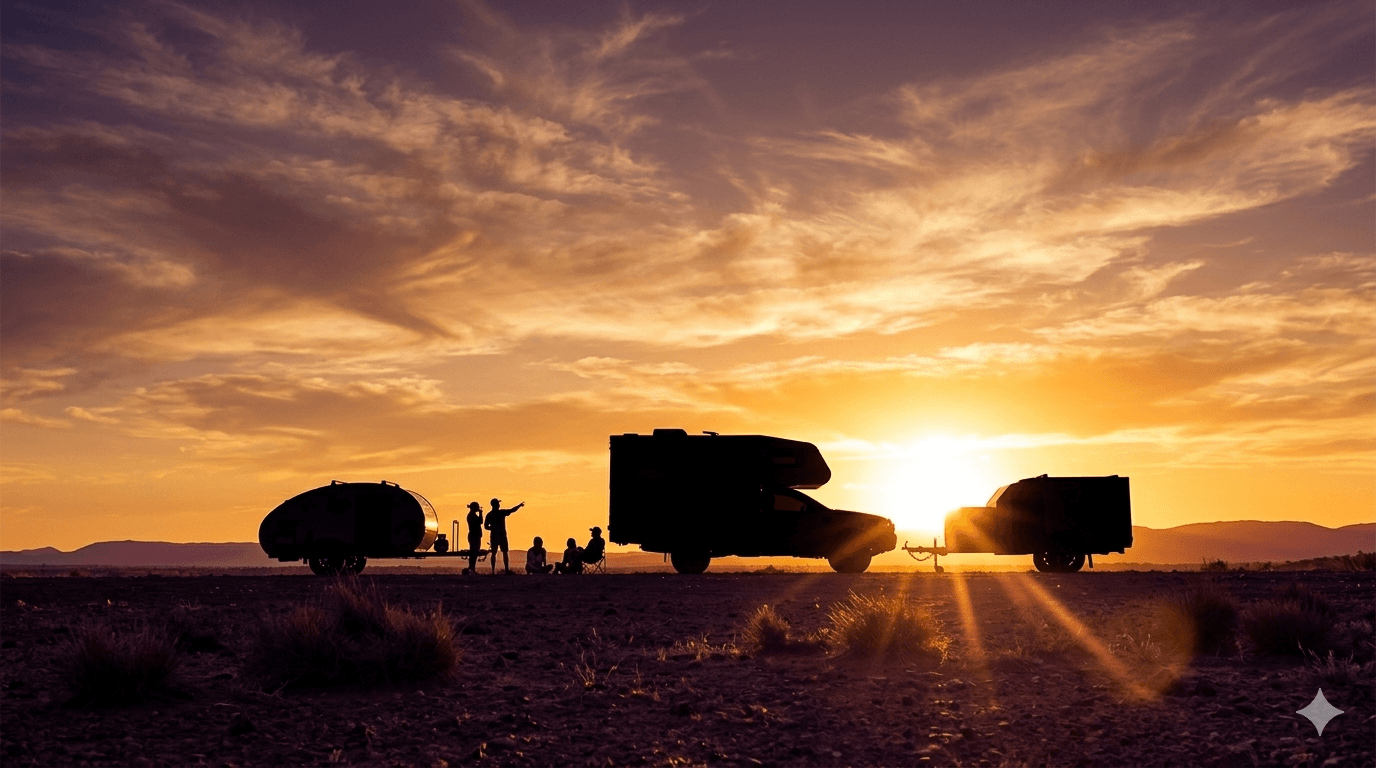 Made by Smidge full range silhouette at sunset — Long Weekend motorhome, Breeze and Anvil camper trailers