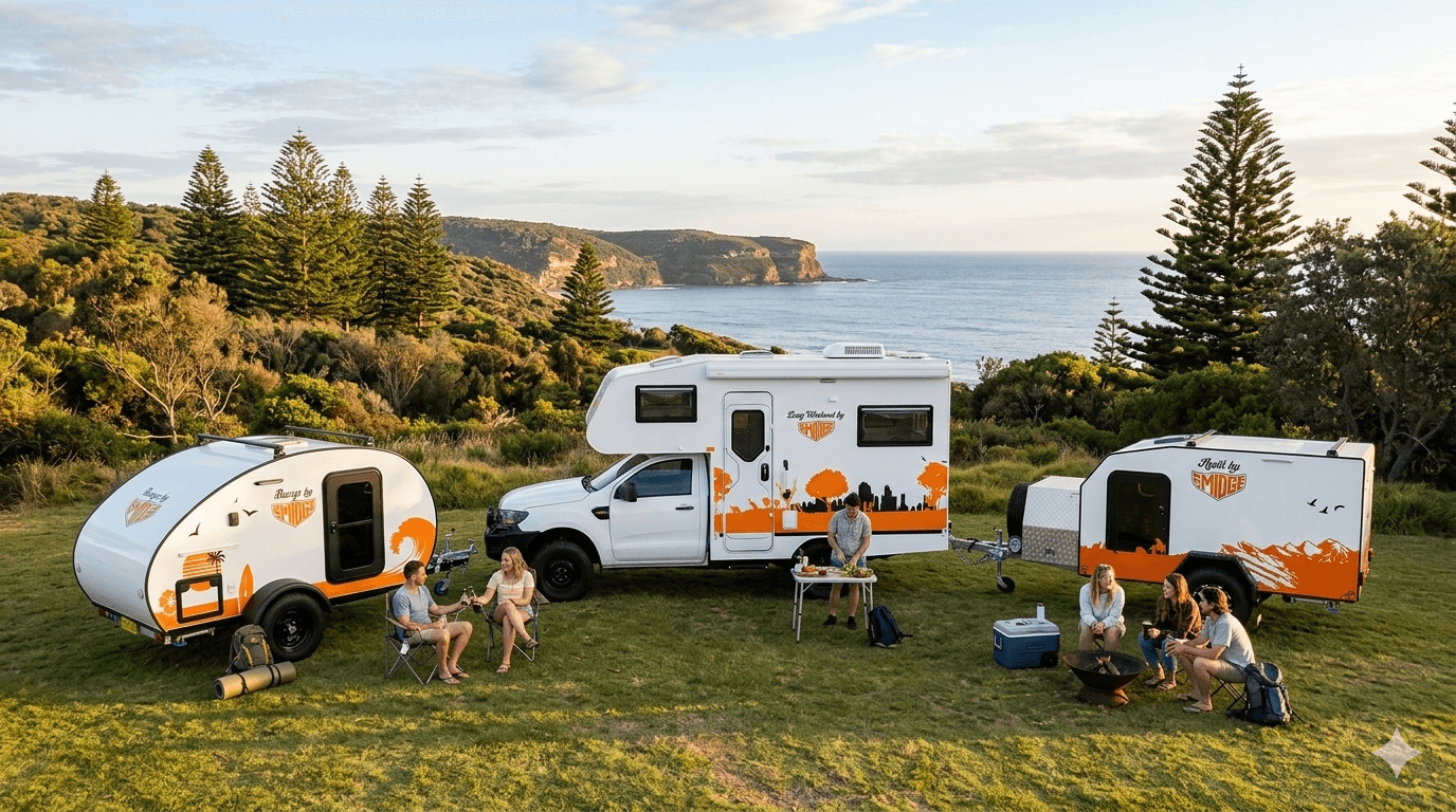 Made by Smidge full range — Long Weekend motorhome, Breeze teardrop and Anvil squaredrop camper trailers at Australian outback campsite